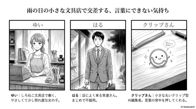 登場人物である店員のゆい、常連客のはる、AI編集者のクリップさんの紹介スライドです。
