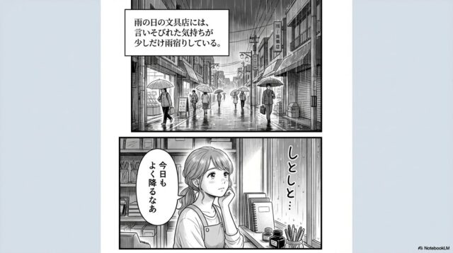 雨の日の文具店で、店員のゆいが外の景色を眺めながら物思いにふける漫画の導入シーンです。