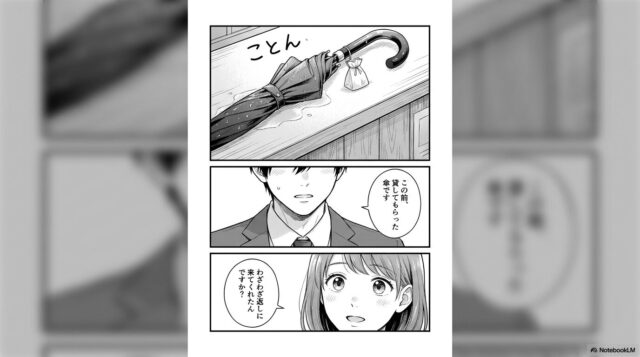 常連客のはるが、以前借りていた傘を返しにカウンターへやってくる漫画のシーンです。