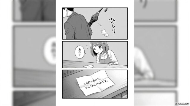 はるが立ち去った後、カウンターに落ちた彼からの短いメッセージを見つけるシーンです。