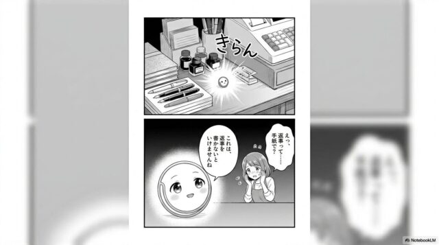 AIのクリップさんが現れ、ゆいに手紙の返事を書くよう提案するシーンです。