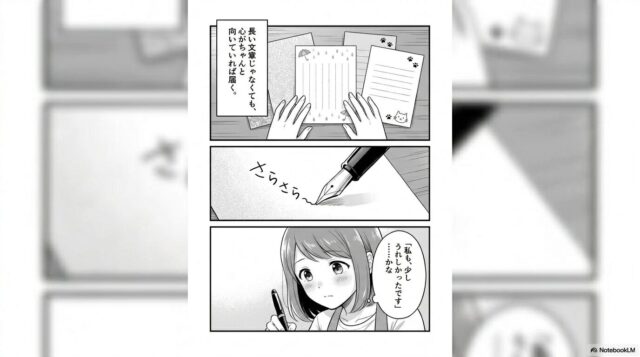 ゆいがはるへの返事を考えながら、万年筆で丁寧に手紙を書くシーンです。