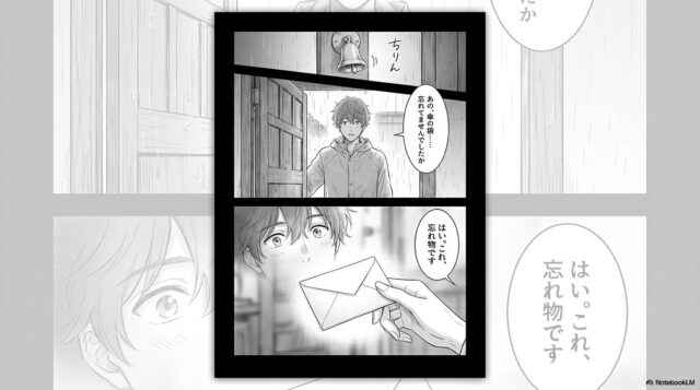 再び店を訪れたはるに、ゆいが「忘れ物」として返事の手紙を渡すシーンです。