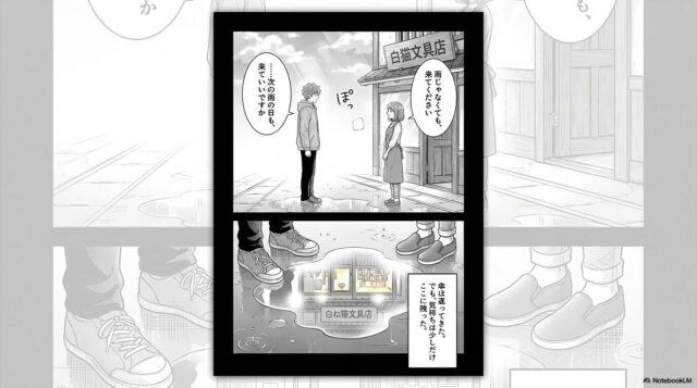 雨上がりの店先で二人が言葉を交わし、心の距離が縮まったことを示唆するラストシーンです。
