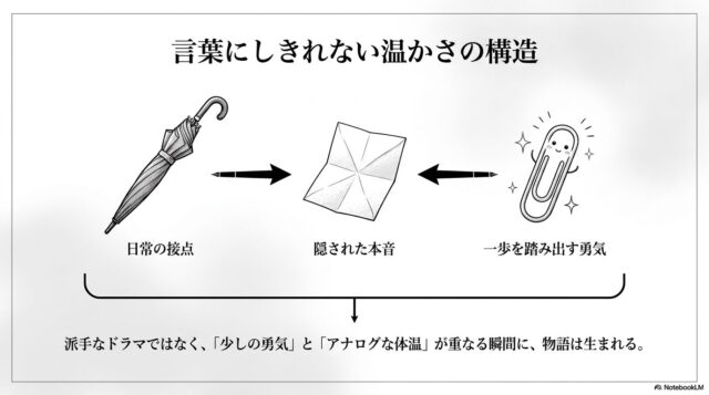 傘、手紙、クリップを要素として、物語のテーマである「温かさの構造」を解説した図解スライドです。
