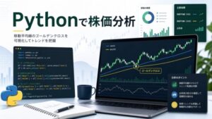 Pythonで日本株の移動平均線とゴールデンクロス接近を分析するブログ用アイキャッチ画像