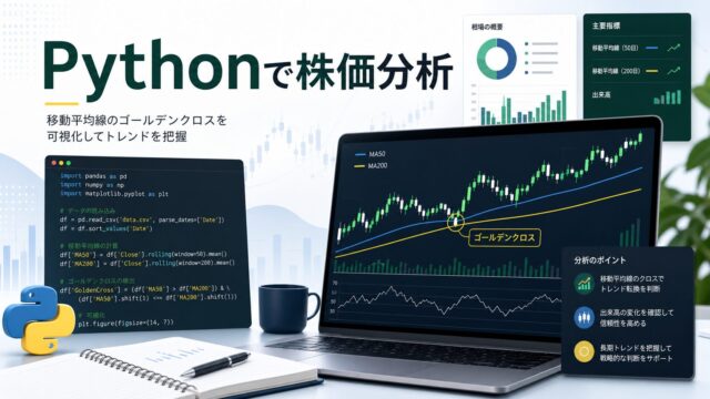 Pythonで日本株の移動平均線とゴールデンクロス接近を分析するブログ用アイキャッチ画像
