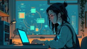 Difyのワークフロー図の前でパソコンを操作するエンジニアのイラスト（Dify×ローカルLLMの記事アイキャッチ）