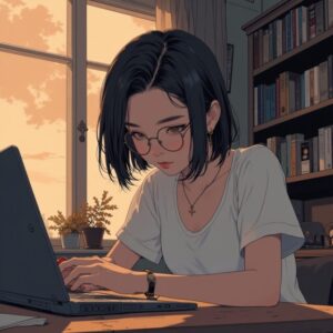 Fal.aiで生成したノートPCで作業する丸メガネ美少女のイラスト