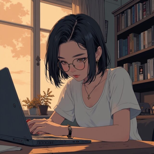 Fal.aiで生成したノートPCで作業する丸メガネ美少女のイラスト