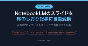 NotebookLMのスライドを旅のしおり記事に自動変換するパイプラインのアイキャッチ