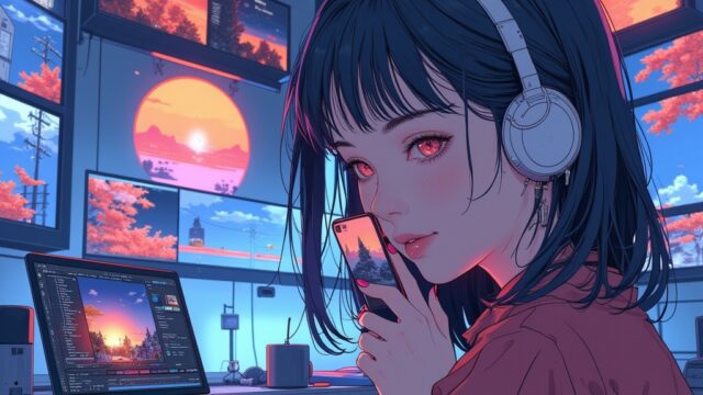 スマホで縦型ショート動画を確認するクリエイターのイラスト（画像からショート動画を自動生成する仕組み）